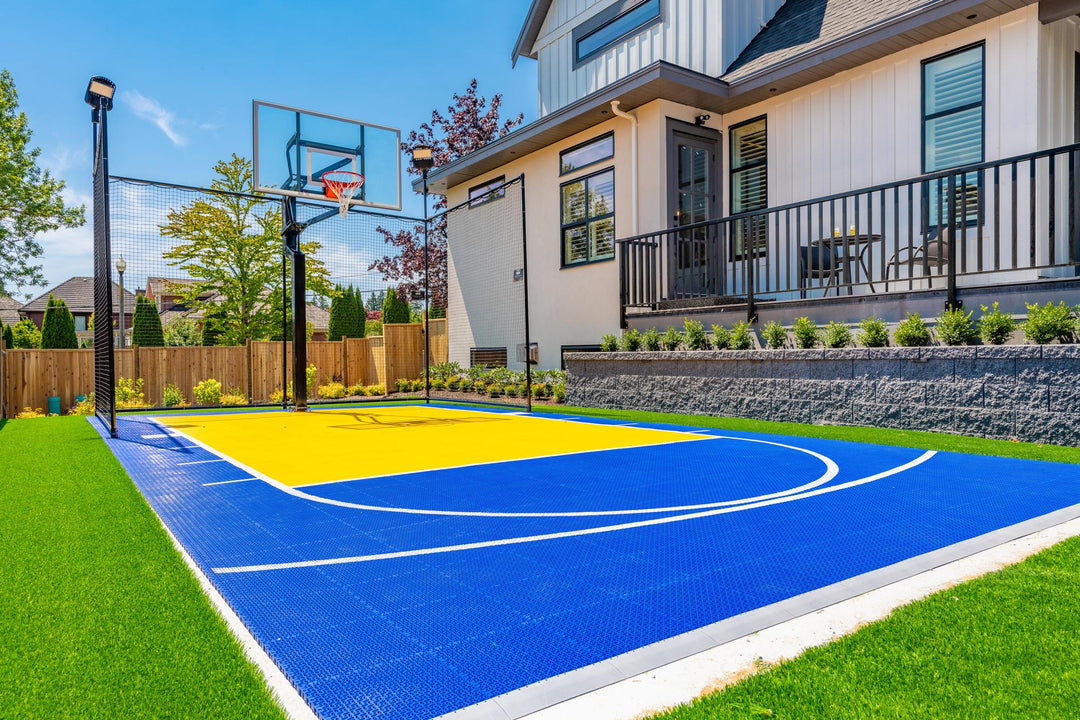 Blue and Yellow Backyard Basketball Half Court